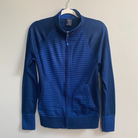 REI Blue Striped CoolMax Cardigan Sweater Full Zip Women's Small Camping Hike - Picture 1 of 7